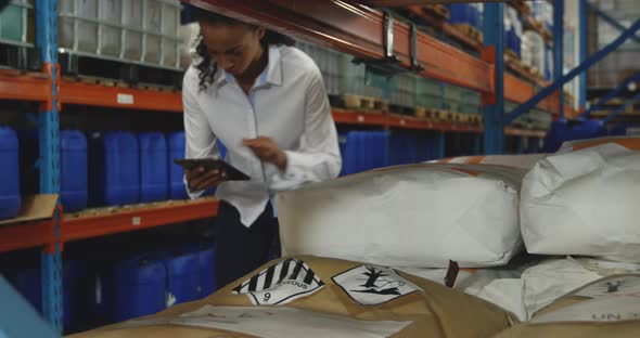 Young female manager in a warehouse alt