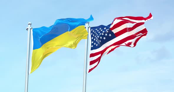 Ukraine flag vs United States flag waving 4k