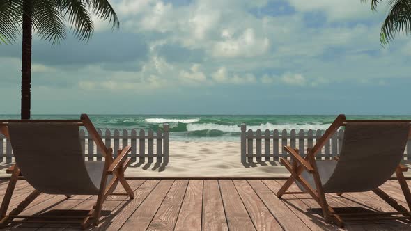 3d render blank vacation on the beach near the sea. Sun loungers near the hotel