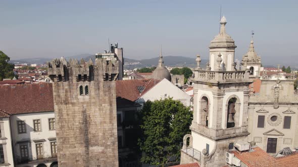 City of Braga, Portugal. Details of church towers and picturesque buildings. Aerial view alt