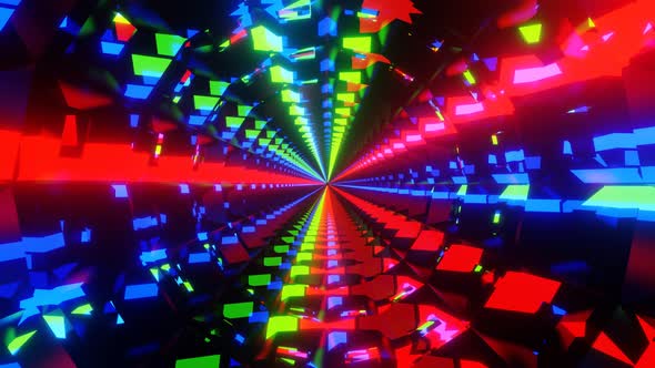 Abstract Tunnel of Multicolored Lines Sectors and Polygons on Black Background