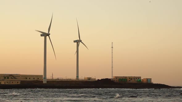 Wind turbines farm next to the seaside in Fuerteventura