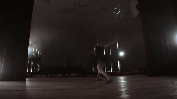Slow Motion Prima Ballet in a Black Dress Performs Rotations and Dance Graceful Movements Rehearsing alt