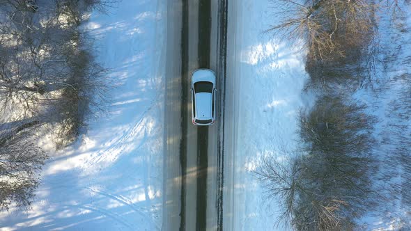 Close Up of White Car Riding Through Snowy Forest Road alt