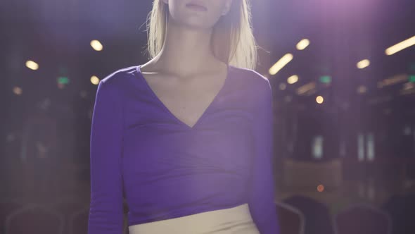 Fashion Show Design Female Clothes Woman Slow Motion on Podium Close Up Stage  alt