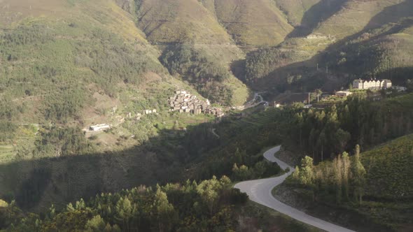 Aerial drone view of Piodao schist shale village in Serra da Estrela, Portugal alt