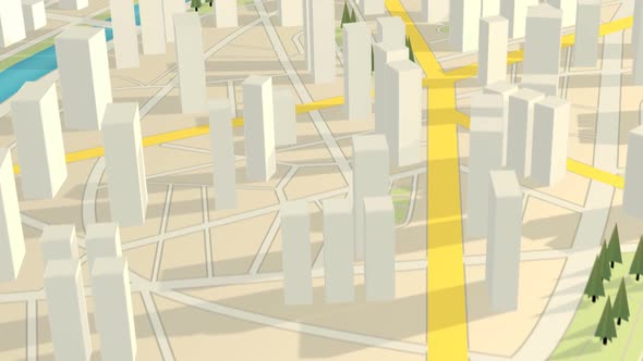 White, abstract gps city map with the 3d representation of skyscrapers and trees alt