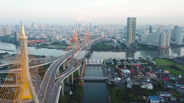 Aerial view of Bhumibol Bridge and Chao Phraya River in structure of suspension architecture