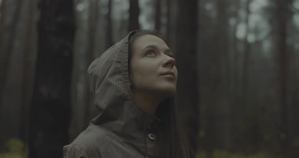Beautiful Woman Stands Forest Feels Happy