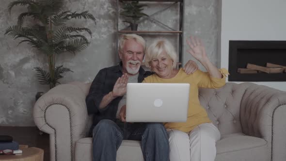 Happy Retired Old Family Couple Waving Hands Looking at Computer Screen Doing Distance Video Chat alt