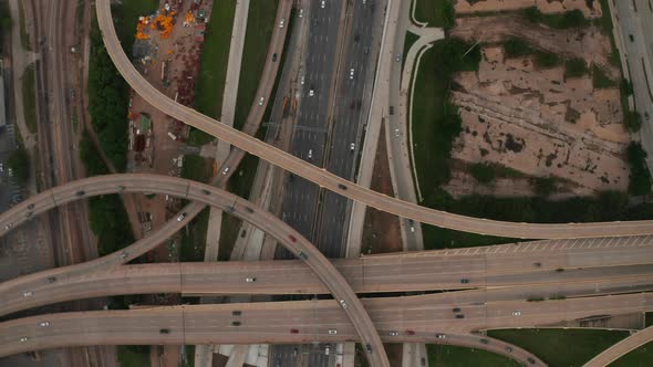 Aerial Birds Eye Overhead Top Down Panning View of Large and Complex Multilane Highway Intersection alt