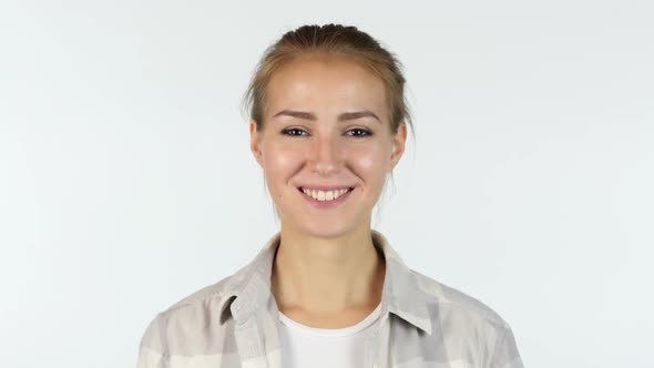 Portrait Of Smiling Young Beautiful White Girl Student , White background alt