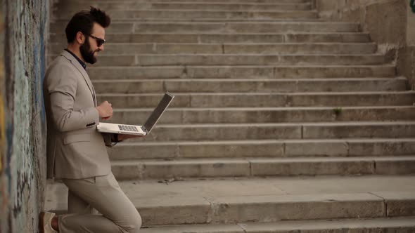 Speaker With Computer Video Call. Businessman Remote Working Camera Chatting Colleagues. Webinar. alt