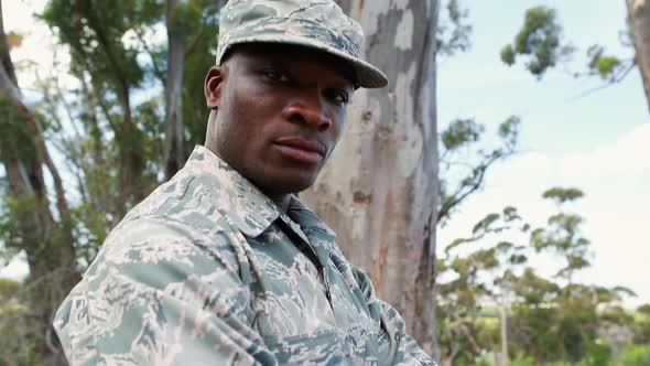 Portrait of military soldier standing with arms crossed alt