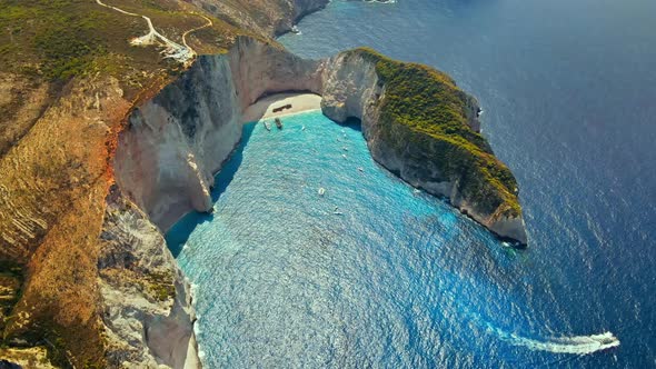 Aerial drone view of the Navagio beach on the Ionian Sea coast of Zakynthos alt