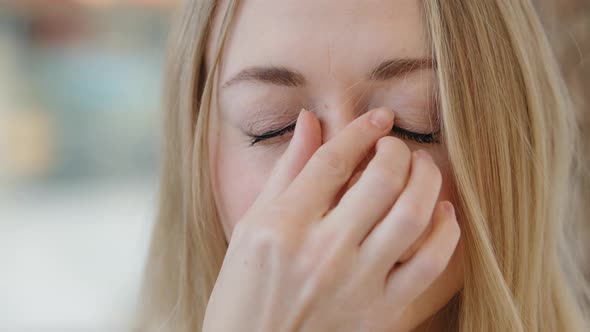 Extreme Closeup of Tired Girl Young Caucasian Woman Takes Off Glasses Painful Sensation in Eyes alt