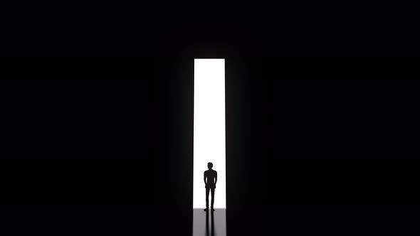 Abstract man in dark concrete interior with glowing doorway alt