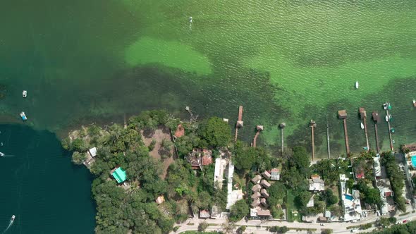 Cenital view of the piers at Bacalar lagoon in Mexico alt