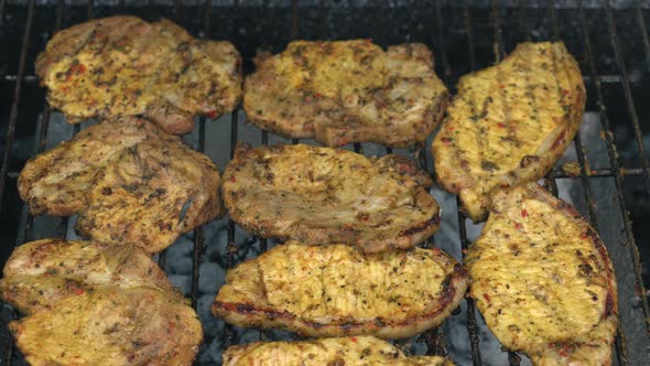 Spicy Pork Beef Bacon Being Grilled Over Bright Glowing Coals Broasting On Fire alt