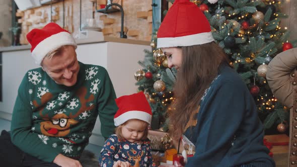Lovely Family Having Fun and Kissing Each Other Near Christmas Tree at Home. alt