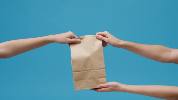 Young woman hand hold brown clear empty blank craft paper bag food for takeaway.