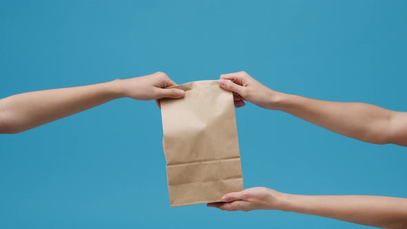 Young woman hand hold brown clear empty blank craft paper bag food for takeaway. alt