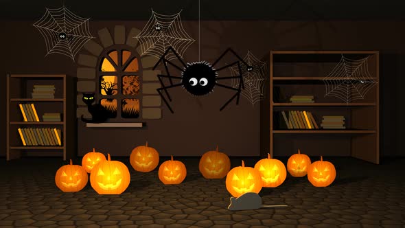 The room full of jack-o lanterns and old books. Spider is hanging on a web. alt