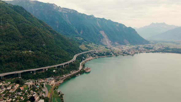 Aerial Landscape with Mountain Road Alpine Town and Geneva Lake in Switzerland