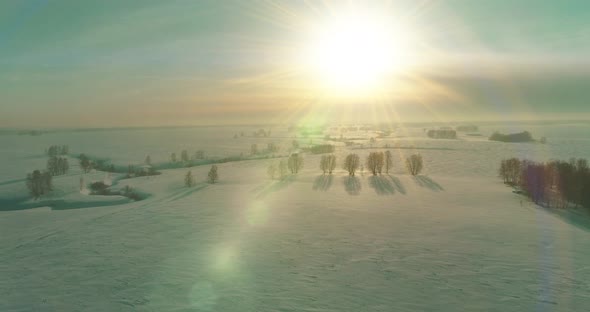 Aerial View of Cold Winter Landscape Arctic Field Trees Covered with Frost Snow Ice River and Sun alt