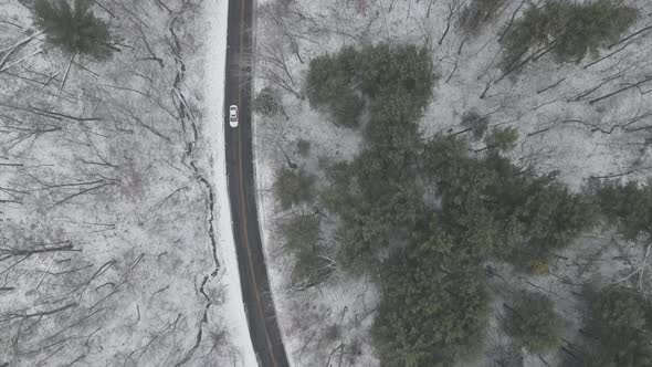 Top down view of hairpin curve in road in western Wisconsin.