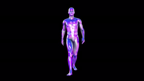Retrofuturistic walking  metal human figure isolated alpha channel