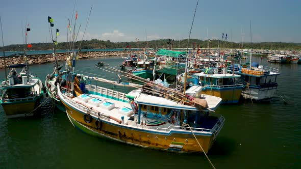 View of Fishing Boats in a Small Bay in the South of the Island of Sri Lanka. Aerial View
