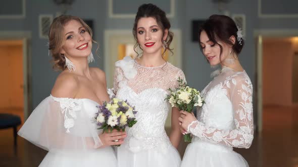 Wedding Fashion - a Portrait of Three Beautiful Brides of European Appearance in Wedding Dresses alt