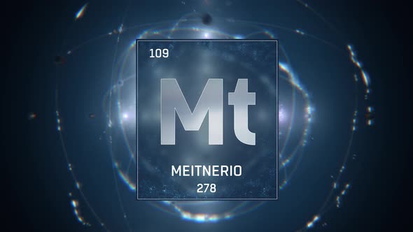 Meitnerium as Element 109 of the Periodic Table on Blue Background in Spanish Language