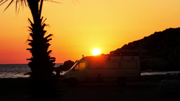 Palm, Caravan And Sunset