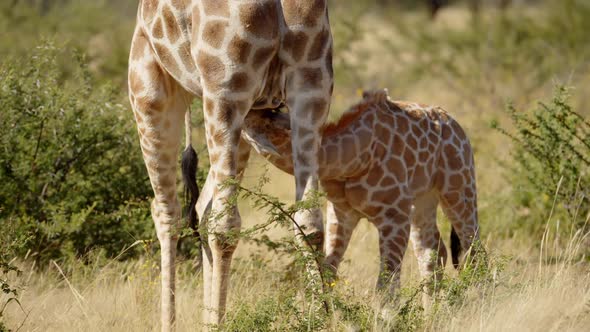 Baby Giraffe Suckles Mother in Early Morning Light alt