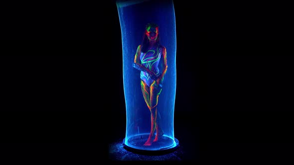 Female Model with Colorful Body in Bubble Tube