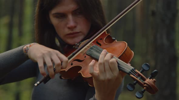 Talented Musician Is Playing Violin In Forest alt