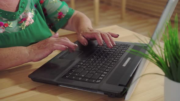 Close Up of an Elderly Woman's Hands Using a Laptop alt