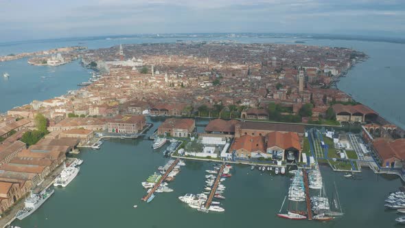 Aerial view of Venice with boats and all the principal monuments