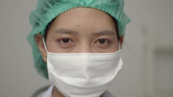 Close Up Portrait of a caucasian doctor or nurse with face mask.