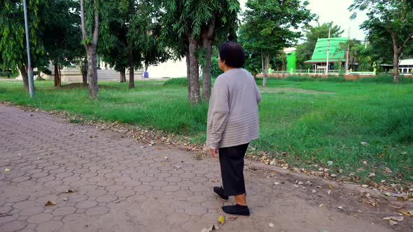 senior woman walking with walking stick in the park