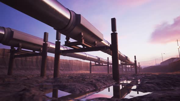 A pipeline running through the flooded excavation full of mud. Fuel transport. alt