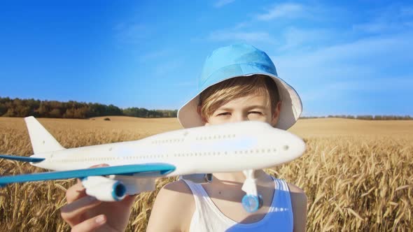 boy in a blue hat playing with airplane on sky background