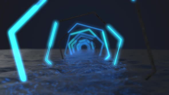 neon glowing hexagon frames in the form of a tunnel alt
