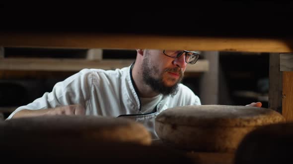 Professional Cheese Maker Beating Cheese Wheel with Hammer Checking Ripening Indoors alt