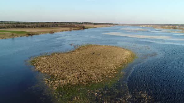 Two Men Stand in the Middle of a Spilled River on the Formed Island