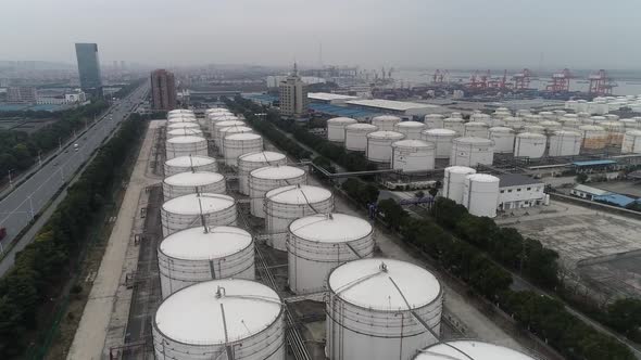 Aerial Video Of Chemical Storage Tanks Near The Port 