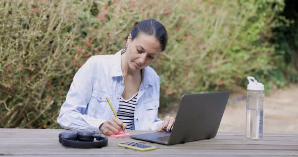 Woman sitting in garden, working on her laptop