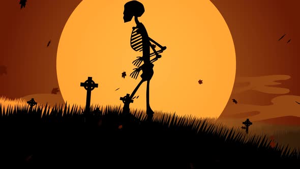 A scary night on the graveyard. The skeletons are walking against the moon.